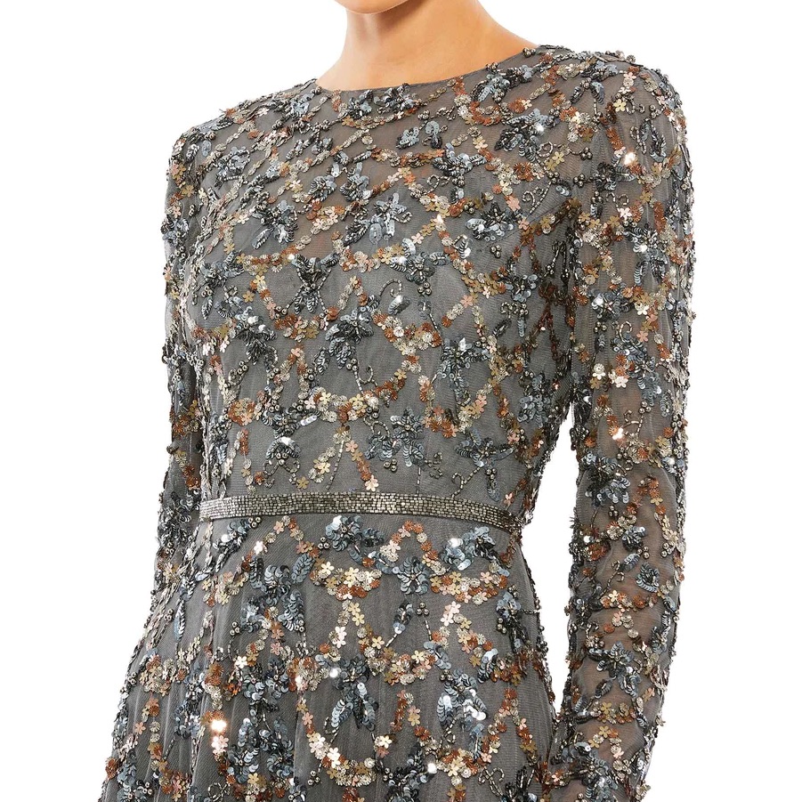 Mac Duggal Gray And Gold Embellished Dress